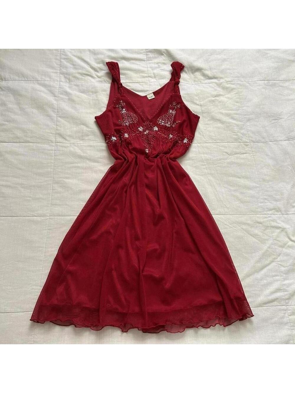 Axes Femme Red beaded babydoll dress with snowflake design and knot strap detail